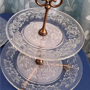 Clear Glass Two-Tier Serving Stand with Floral Etch - Clear Fantasia